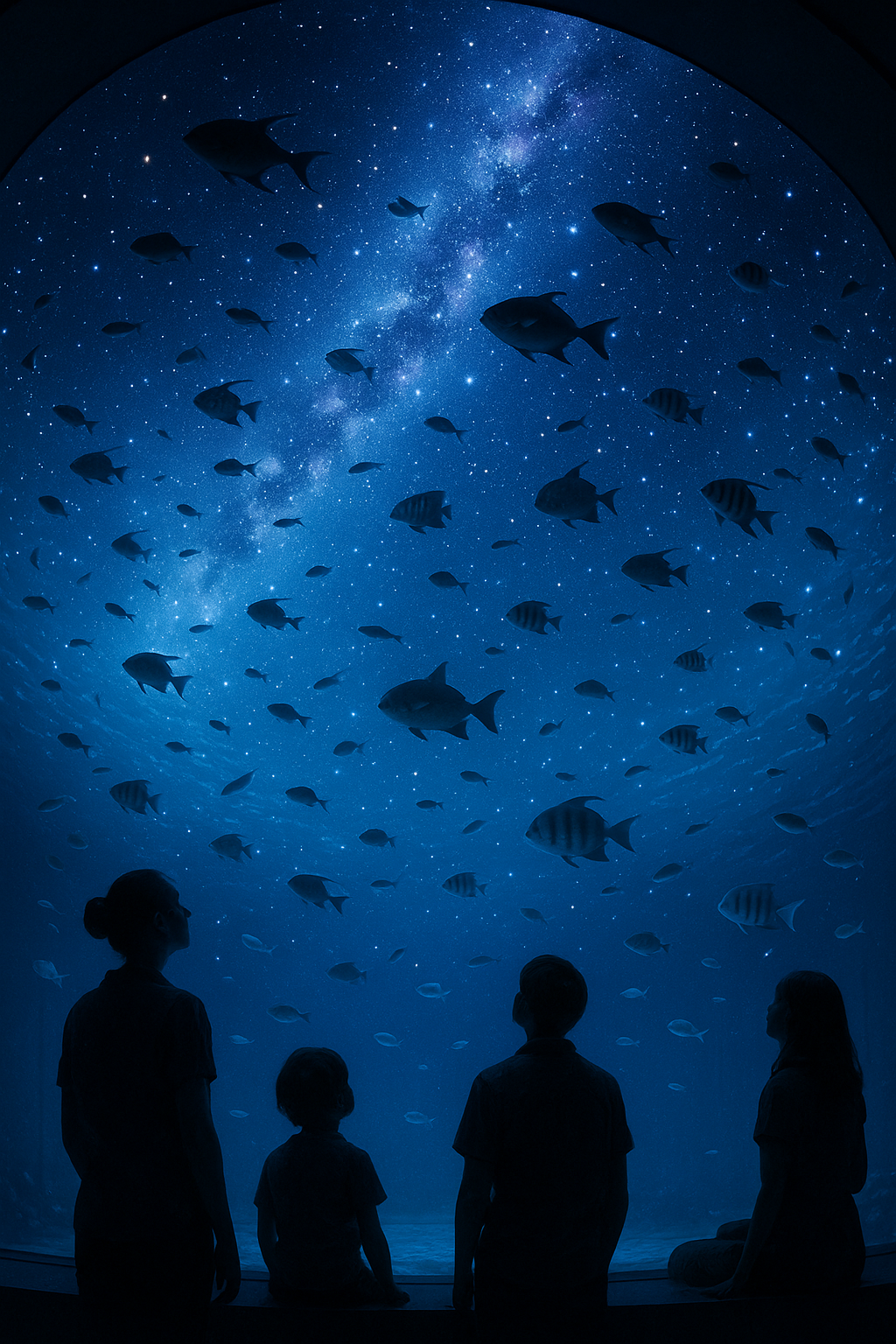 プラネタリウムのように天井に星が投影され、その下に水槽がある幻想的な空間
